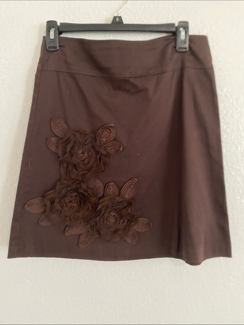 Wrapper Brown Mini Skirt with Floral Appliqué